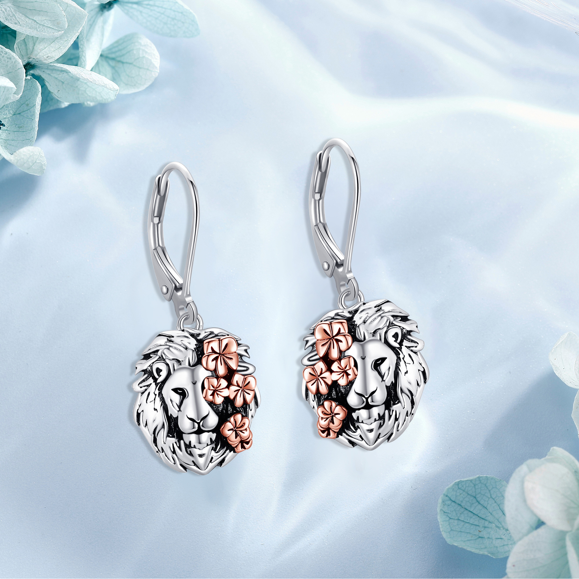 Men's Sterling Silver Lion Head Dangle Earrings, Animal Design